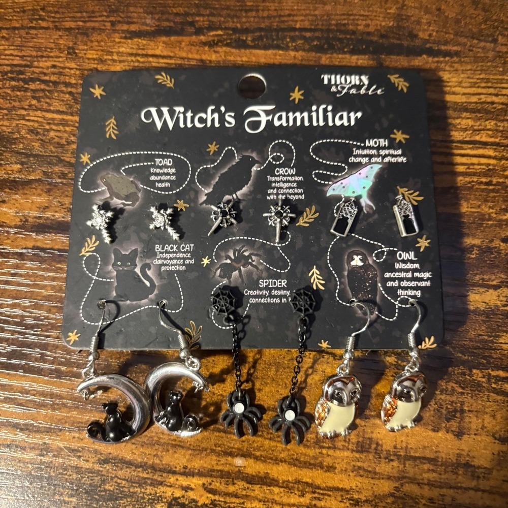 Thorn & Fable Witches Familiar Earring Set Moon Black Cat Spider Owl Moth Witchy